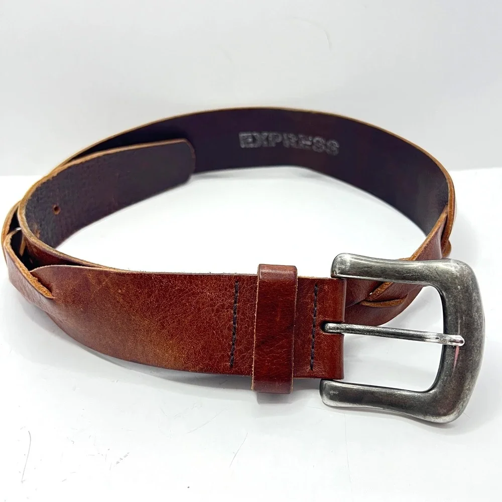 Express Brown Italian Leather‎ Braided Belt Made in England Size S Cognac Silver